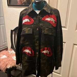 Camouflage Jacket with Red Sequin Lips